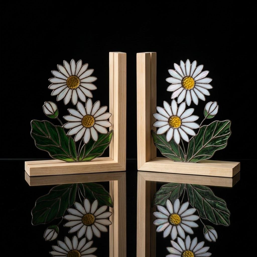 White Daisy Stained Glass Bookends, Natural Pine Wood Base April Birth Flower Gift Handmade Flower Suncatcher, Nursery Decor, Book Gift