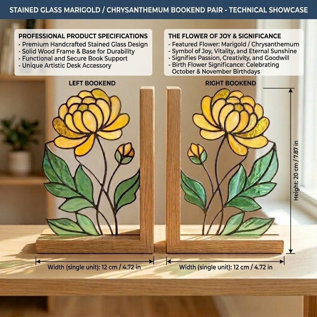 Stained Glass Marigold Bookends, Solid Oak Base October November Birth Flower Gift Handmade Chrysanthemum Flower Suncatcher, Office Decor