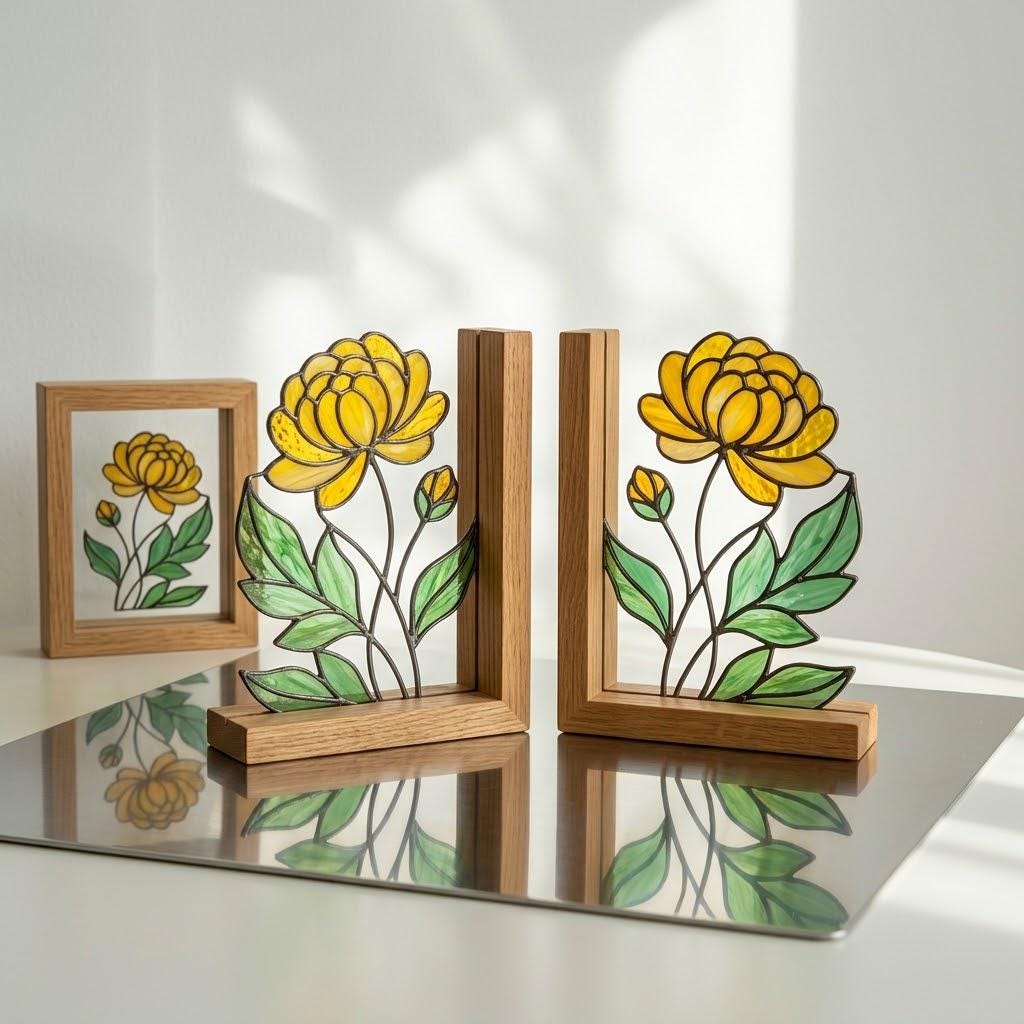 Stained Glass Marigold Bookends, Solid Oak Base October November Birth Flower Gift Handmade Chrysanthemum Flower Suncatcher, Office Decor