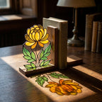 Stained Glass Marigold Bookends, Solid Oak Base October November Birth Flower Gift Handmade Chrysanthemum Flower Suncatcher, Office Decor