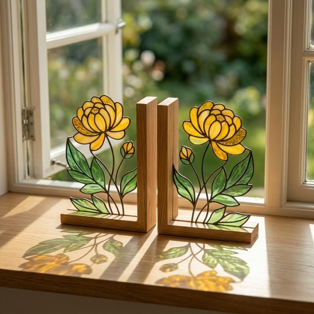 Stained Glass Marigold Bookends, Solid Oak Base October November Birth Flower Gift Handmade Chrysanthemum Flower Suncatcher, Office Decor