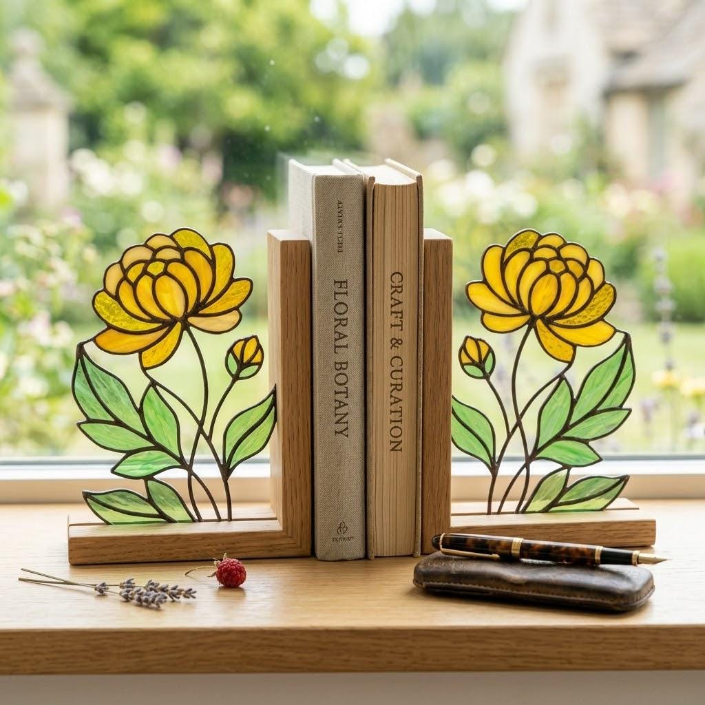 Stained Glass Marigold Bookends, Solid Oak Base October November Birth Flower Gift Handmade Chrysanthemum Flower Suncatcher, Office Decor