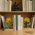 Stained Glass Marigold Bookends, Solid Oak Base October November Birth Flower Gift Handmade Chrysanthemum Flower Suncatcher, Office Decor