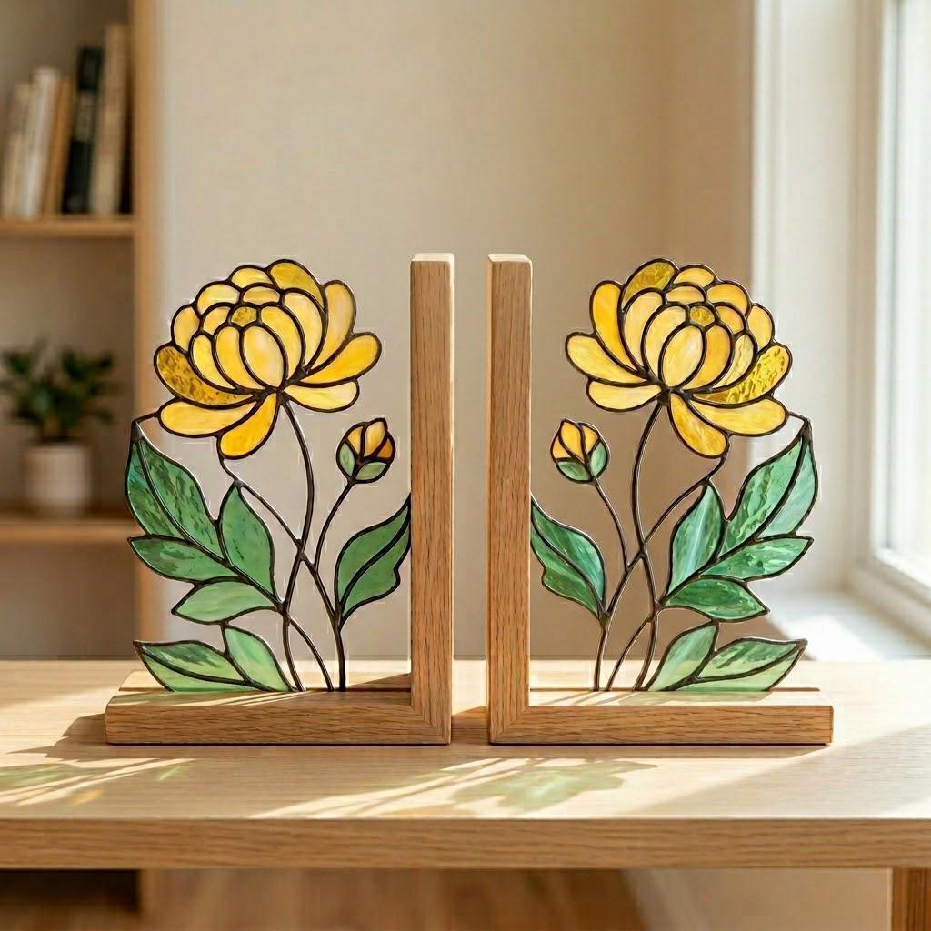 Stained Glass Marigold Bookends, Solid Oak Base October November Birth Flower Gift Handmade Chrysanthemum Flower Suncatcher, Office Decor