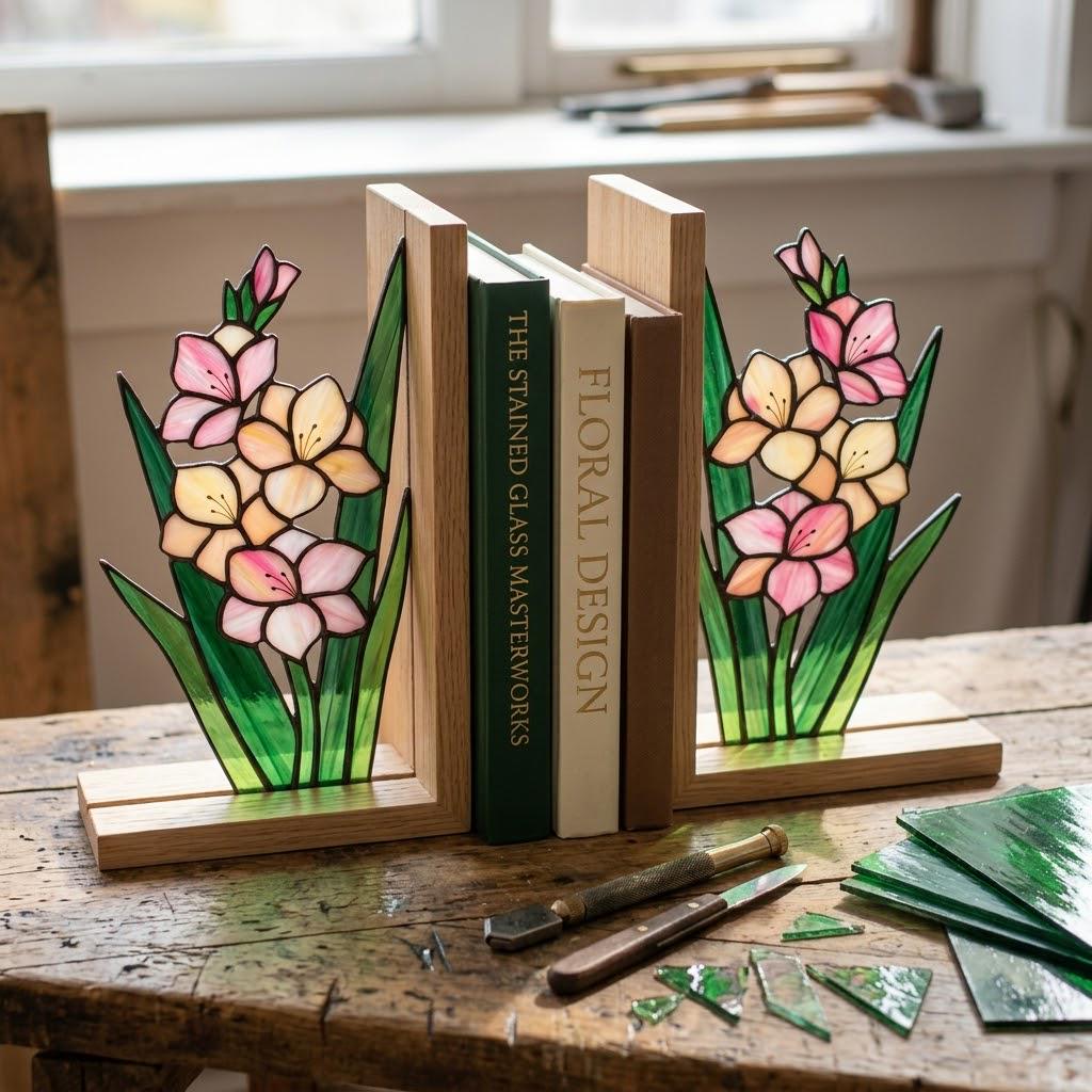 Gladiolus Stained Glass Bookends, Solid Oak Base August Birth Flower Gift Handmade Pink Floral Suncatcher, Unique Strength Symbol Decor