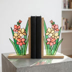 Gladiolus Stained Glass Bookends, Solid Oak Base August Birth Flower Gift Handmade Pink Floral Suncatcher, Unique Strength Symbol Decor