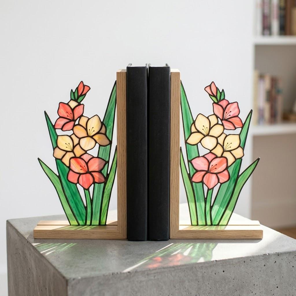 Gladiolus Stained Glass Bookends, Solid Oak Base August Birth Flower Gift Handmade Pink Floral Suncatcher, Unique Strength Symbol Decor
