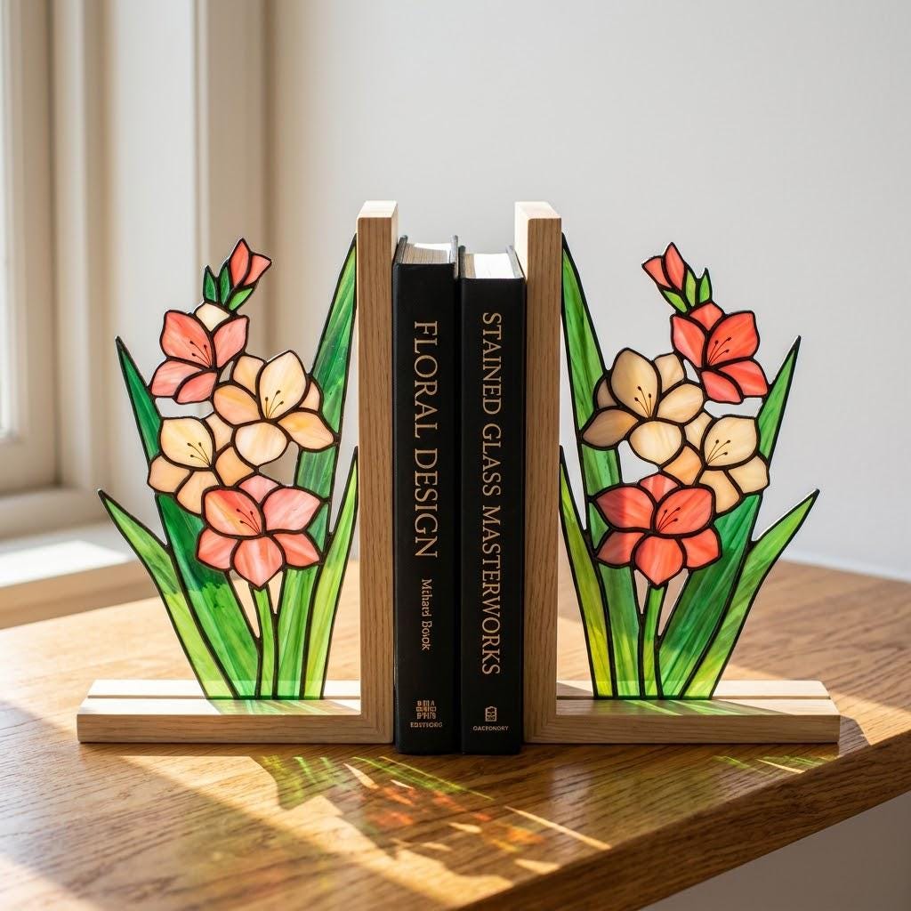 Gladiolus Stained Glass Bookends, Solid Oak Base August Birth Flower Gift Handmade Pink Floral Suncatcher, Unique Strength Symbol Decor