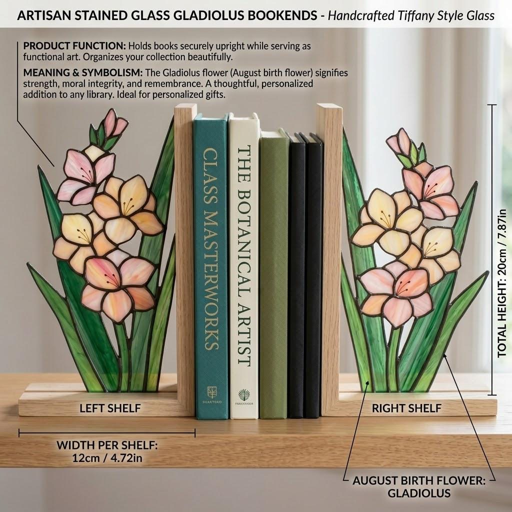 Gladiolus Stained Glass Bookends, Solid Oak Base August Birth Flower Gift Handmade Pink Floral Suncatcher, Unique Strength Symbol Decor