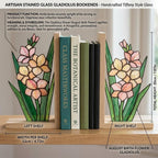 Gladiolus Stained Glass Bookends, Solid Oak Base August Birth Flower Gift Handmade Pink Floral Suncatcher, Unique Strength Symbol Decor