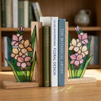 Gladiolus Stained Glass Bookends, Solid Oak Base August Birth Flower Gift Handmade Pink Floral Suncatcher, Unique Strength Symbol Decor