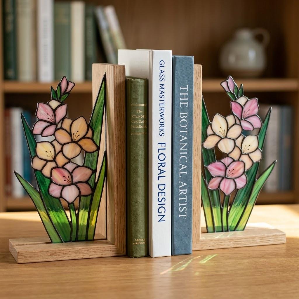 Gladiolus Stained Glass Bookends, Solid Oak Base August Birth Flower Gift Handmade Pink Floral Suncatcher, Unique Strength Symbol Decor