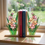 Gladiolus Stained Glass Bookends, Solid Oak Base August Birth Flower Gift Handmade Pink Floral Suncatcher, Unique Strength Symbol Decor