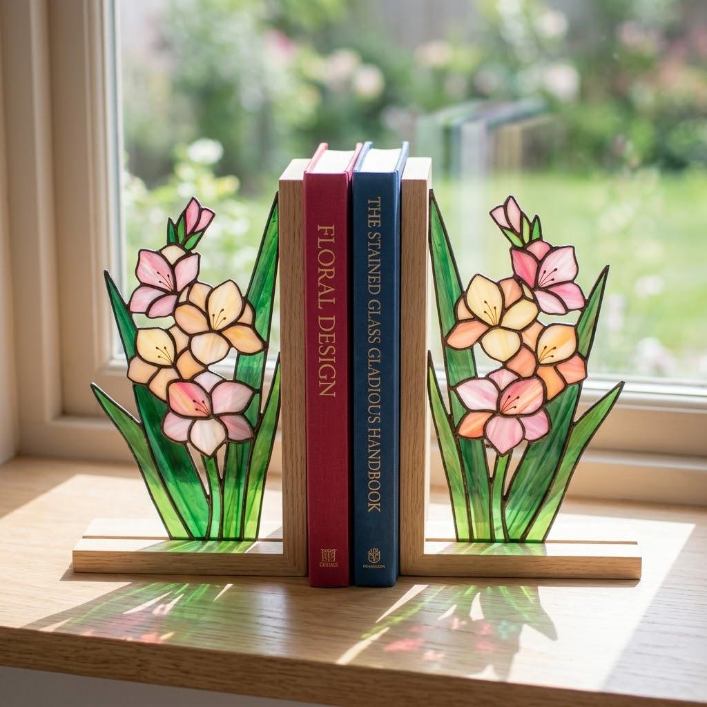 Gladiolus Stained Glass Bookends, Solid Oak Base August Birth Flower Gift Handmade Pink Floral Suncatcher, Unique Strength Symbol Decor