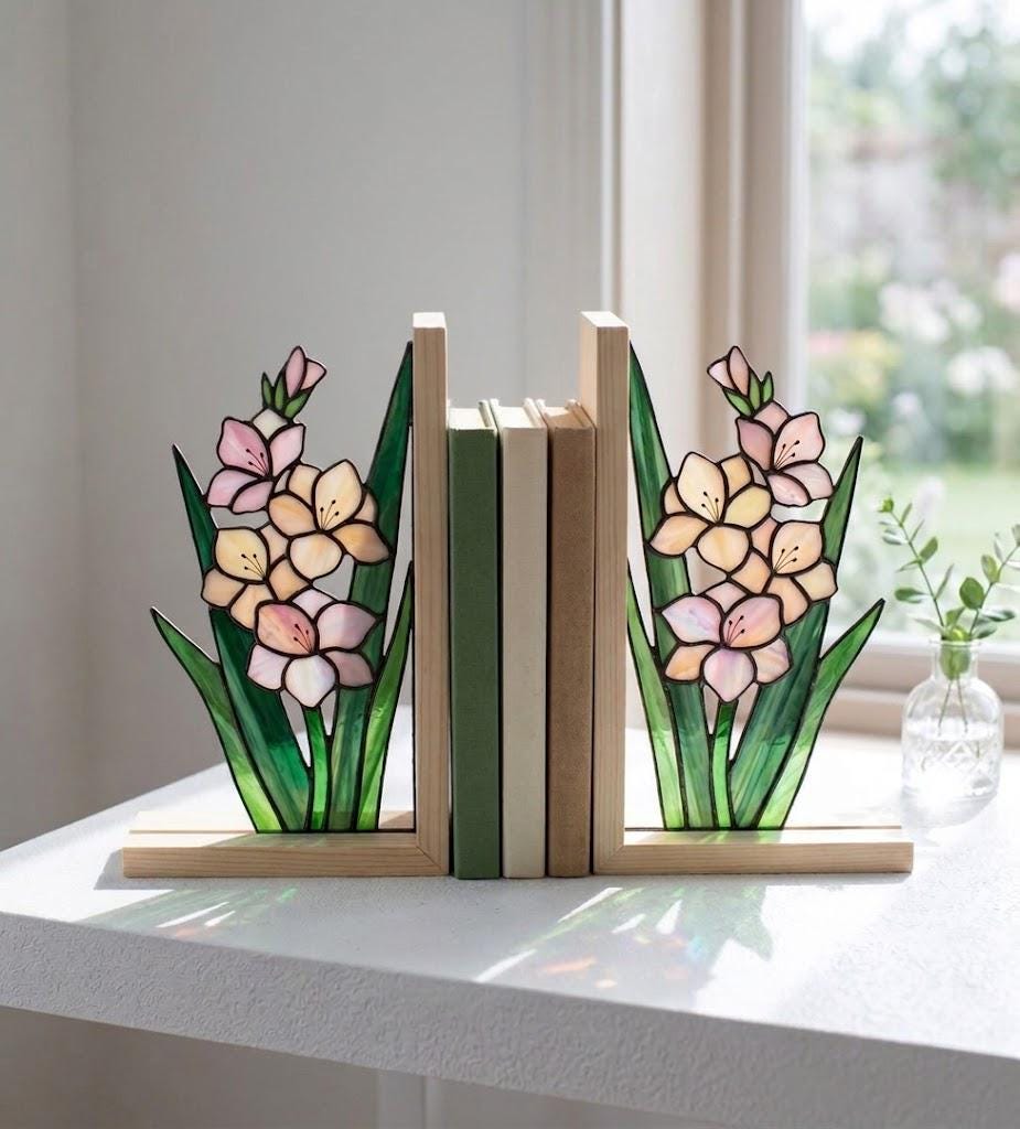Gladiolus Stained Glass Bookends, Solid Oak Base August Birth Flower Gift Handmade Pink Floral Suncatcher, Unique Strength Symbol Decor