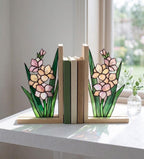Gladiolus Stained Glass Bookends, Solid Oak Base August Birth Flower Gift Handmade Pink Floral Suncatcher, Unique Strength Symbol Decor