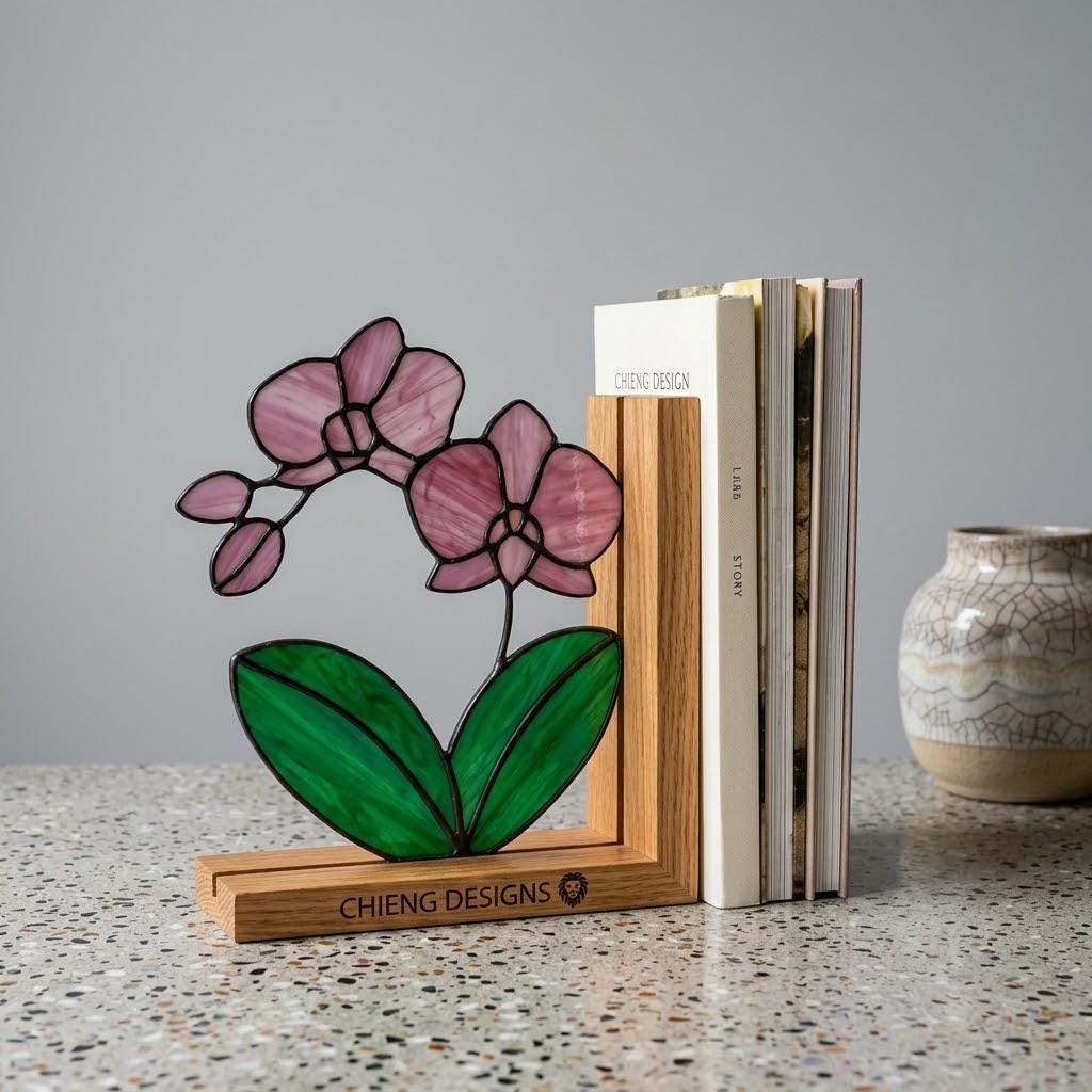 Personalized Orchid Stained Glass Bookends, Solid Oak Base Custom Engraved Flower Gift Handmade Pink Suncatcher, Unique Mother's Day Gift