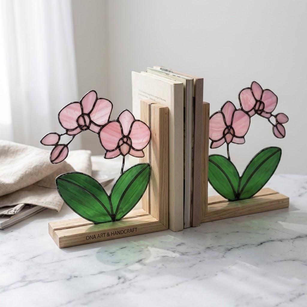 Personalized Orchid Stained Glass Bookends, Solid Oak Base Custom Engraved Flower Gift Handmade Pink Suncatcher, Unique Mother's Day Gift