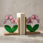 Personalized Orchid Stained Glass Bookends, Solid Oak Base Custom Engraved Flower Gift Handmade Pink Suncatcher, Unique Mother's Day Gift