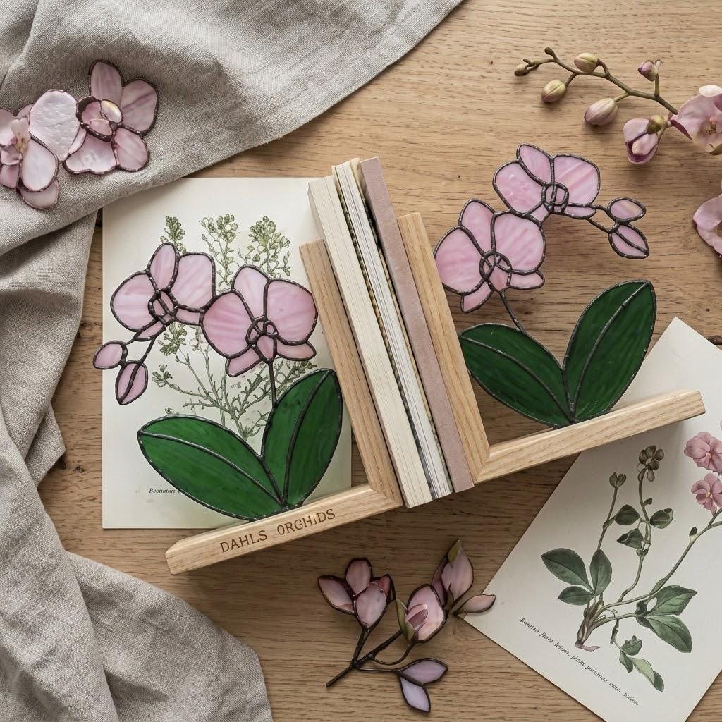 Personalized Orchid Stained Glass Bookends, Solid Oak Base Custom Engraved Flower Gift Handmade Pink Suncatcher, Unique Mother's Day Gift