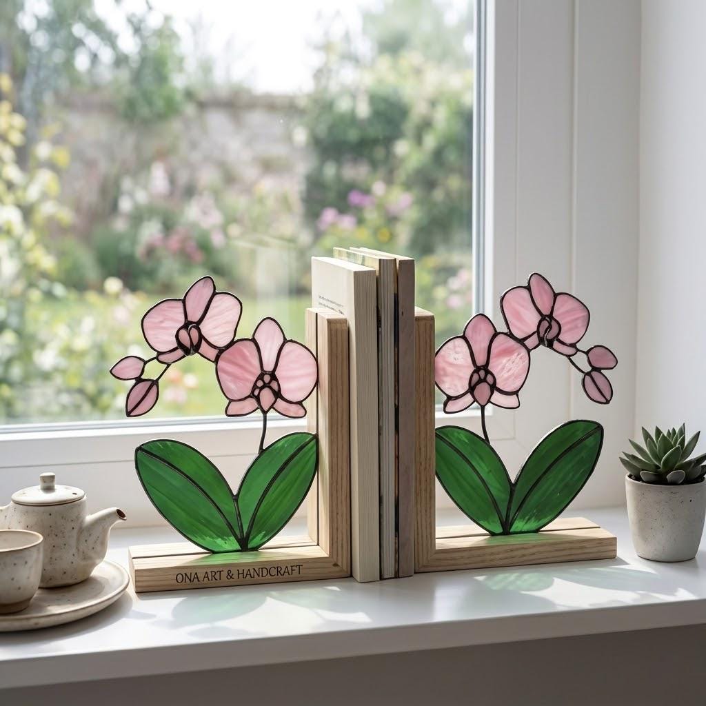 Personalized Orchid Stained Glass Bookends, Solid Oak Base Custom Engraved Flower Gift Handmade Pink Suncatcher, Unique Mother's Day Gift