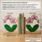 Personalized Orchid Stained Glass Bookends, Solid Oak Base Custom Engraved Flower Gift Handmade Pink Suncatcher, Unique Mother's Day Gift