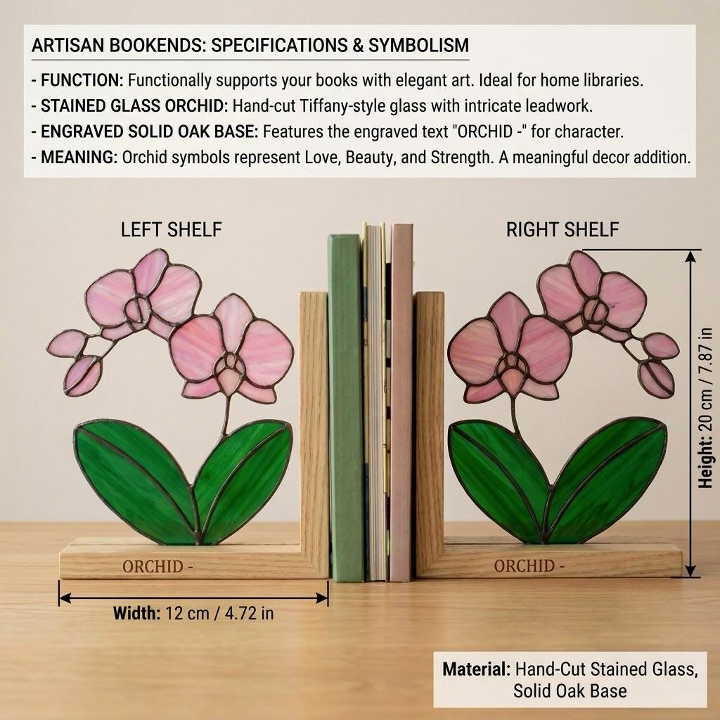 Personalized Orchid Stained Glass Bookends, Solid Oak Base Custom Engraved Flower Gift Handmade Pink Suncatcher, Unique Mother's Day Gift