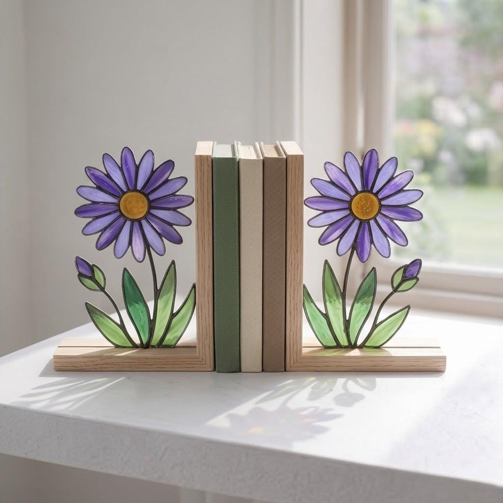 Aster Stained Glass Bookends, Solid Oak Base September Birth Flower Gift Purple Floral Suncatcher, Unique Teacher Gift, Library Decor