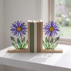 Aster Stained Glass Bookends, Solid Oak Base September Birth Flower Gift Purple Floral Suncatcher, Unique Teacher Gift, Library Decor