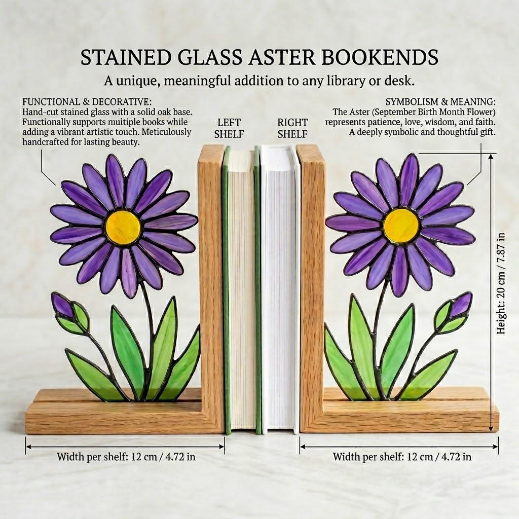 Aster Stained Glass Bookends, Solid Oak Base September Birth Flower Gift Purple Floral Suncatcher, Unique Teacher Gift, Library Decor