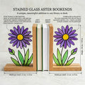 Aster Stained Glass Bookends, Solid Oak Base September Birth Flower Gift Purple Floral Suncatcher, Unique Teacher Gift, Library Decor