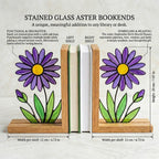 Aster Stained Glass Bookends, Solid Oak Base September Birth Flower Gift Purple Floral Suncatcher, Unique Teacher Gift, Library Decor