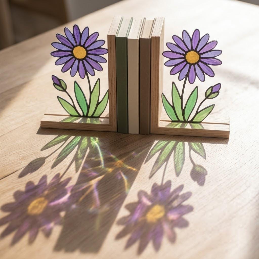 Aster Stained Glass Bookends, Solid Oak Base September Birth Flower Gift Purple Floral Suncatcher, Unique Teacher Gift, Library Decor