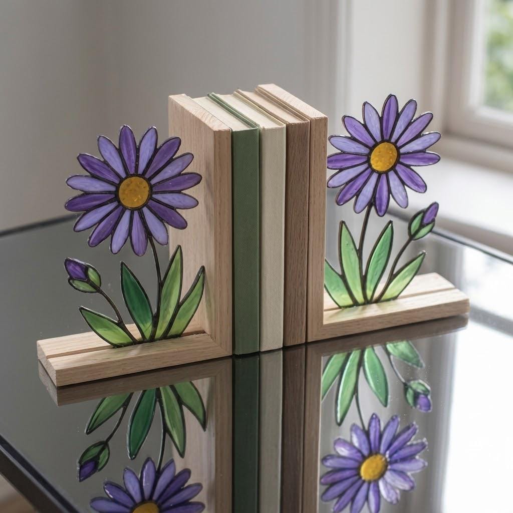 Aster Stained Glass Bookends, Solid Oak Base September Birth Flower Gift Purple Floral Suncatcher, Unique Teacher Gift, Library Decor