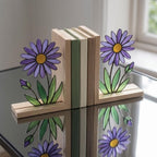 Aster Stained Glass Bookends, Solid Oak Base September Birth Flower Gift Purple Floral Suncatcher, Unique Teacher Gift, Library Decor