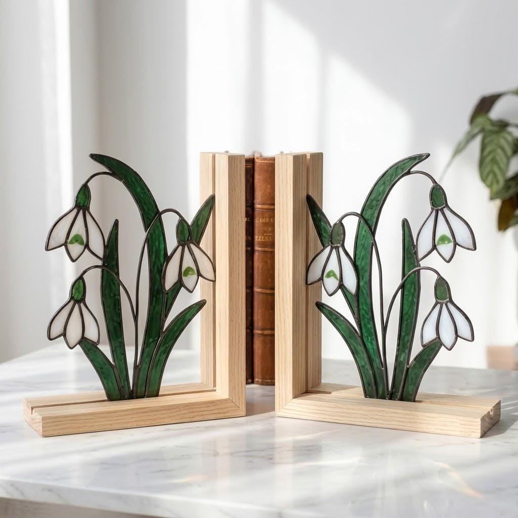 Snowdrop Stained Glass Bookends, Natural Wood Base January Birth Flower Gift Handmade White Floral Suncatcher, Sympathy Gift, Home Decor