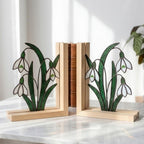 Snowdrop Stained Glass Bookends, Natural Wood Base January Birth Flower Gift Handmade White Floral Suncatcher, Sympathy Gift, Home Decor