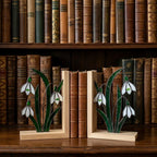 Snowdrop Stained Glass Bookends, Natural Wood Base January Birth Flower Gift Handmade White Floral Suncatcher, Sympathy Gift, Home Decor