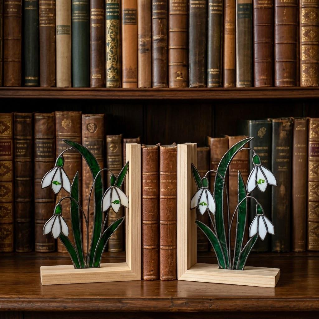 Snowdrop Stained Glass Bookends, Natural Wood Base January Birth Flower Gift Handmade White Floral Suncatcher, Sympathy Gift, Home Decor