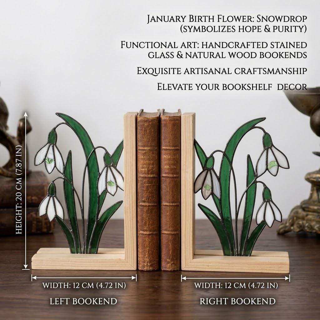 Snowdrop Stained Glass Bookends, Natural Wood Base January Birth Flower Gift Handmade White Floral Suncatcher, Sympathy Gift, Home Decor