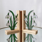 Snowdrop Stained Glass Bookends, Natural Wood Base January Birth Flower Gift Handmade White Floral Suncatcher, Sympathy Gift, Home Decor