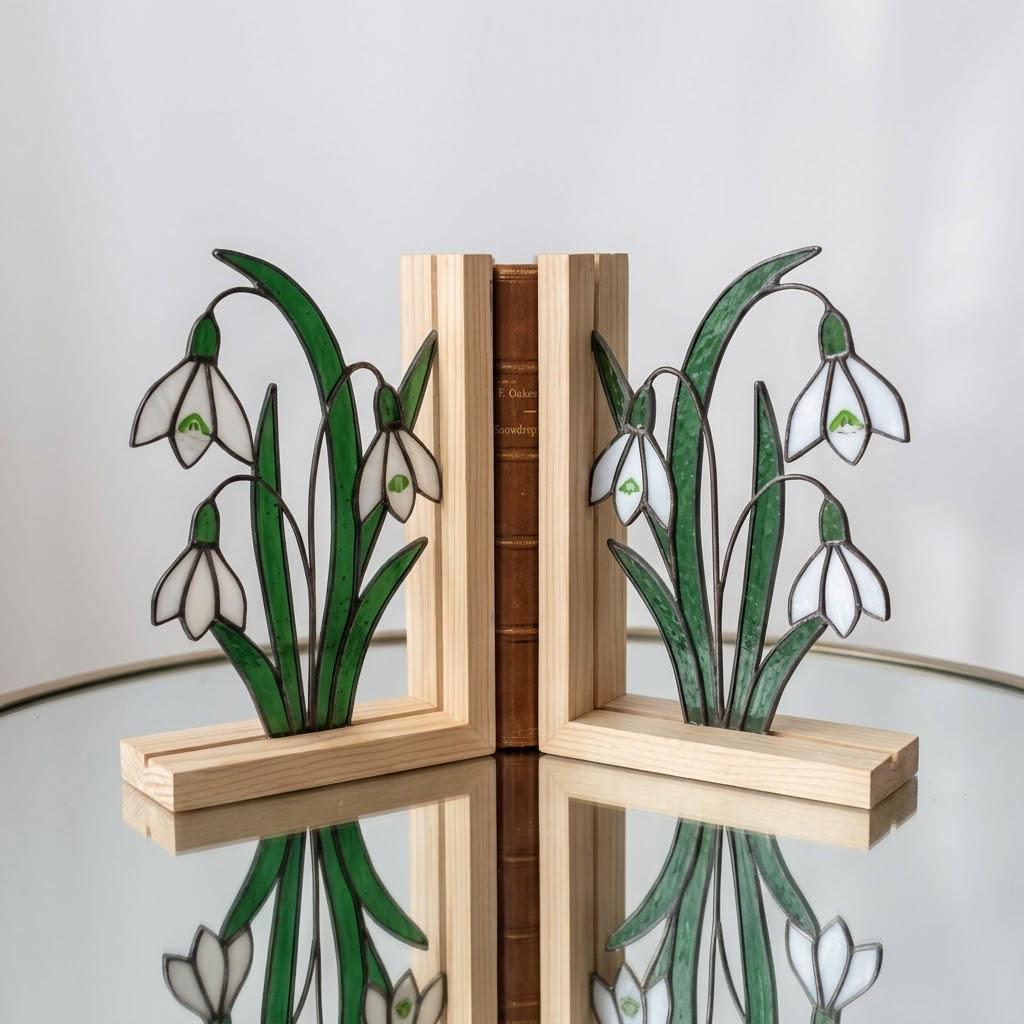 Snowdrop Stained Glass Bookends, Natural Wood Base January Birth Flower Gift Handmade White Floral Suncatcher, Sympathy Gift, Home Decor