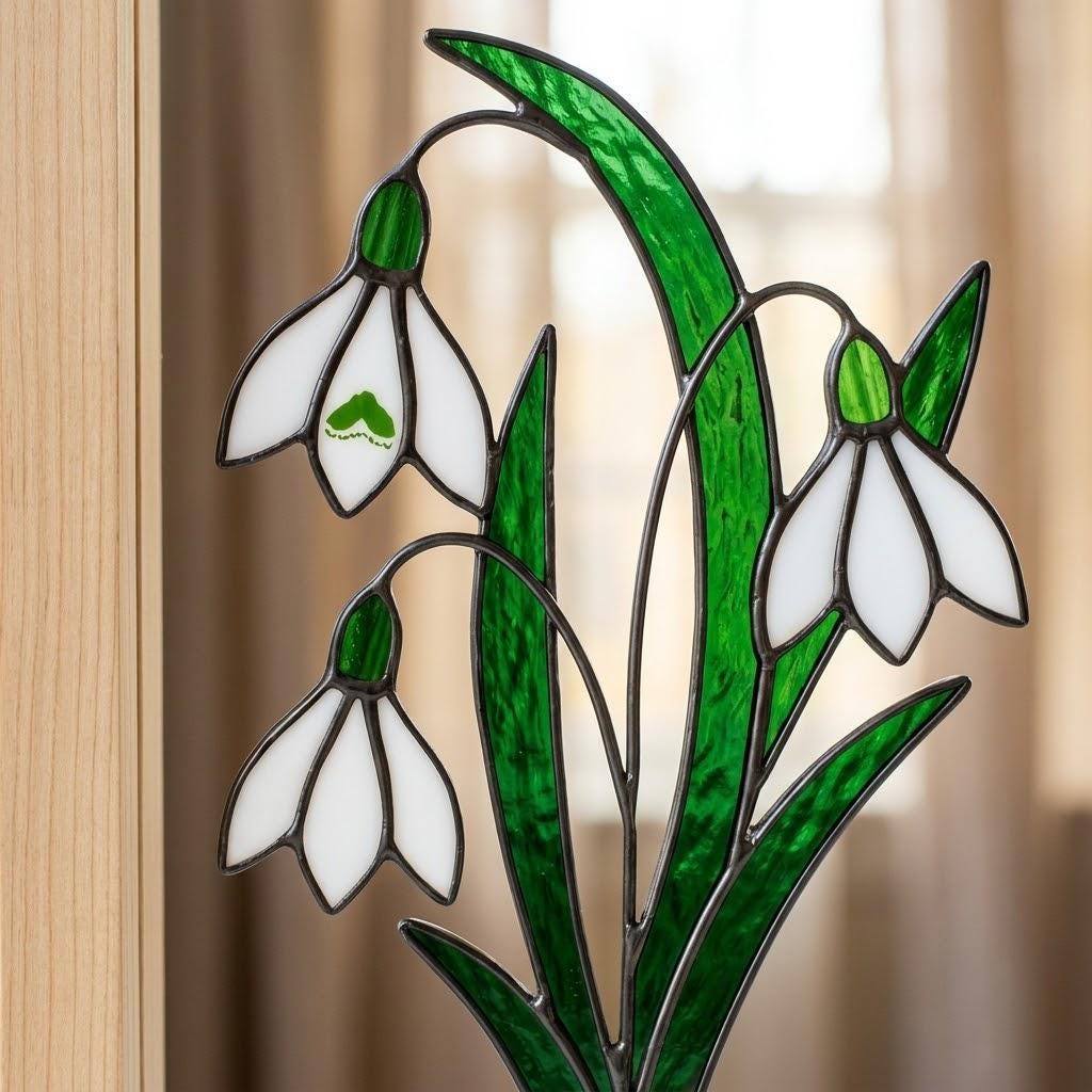 Snowdrop Stained Glass Bookends, Natural Wood Base January Birth Flower Gift Handmade White Floral Suncatcher, Sympathy Gift, Home Decor