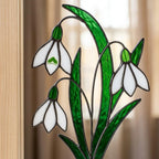 Snowdrop Stained Glass Bookends, Natural Wood Base January Birth Flower Gift Handmade White Floral Suncatcher, Sympathy Gift, Home Decor