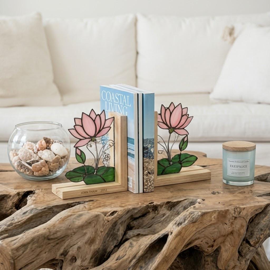 Lotus Stained Glass Bookends, Natural Wood Base July Birth Flower Gift Pink Water Lily Suncatcher, Zen Yoga Decor, Unique Birthday Gift