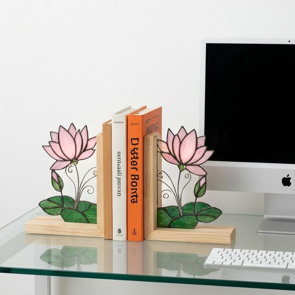 Lotus Stained Glass Bookends, Natural Wood Base July Birth Flower Gift Pink Water Lily Suncatcher, Zen Yoga Decor, Unique Birthday Gift