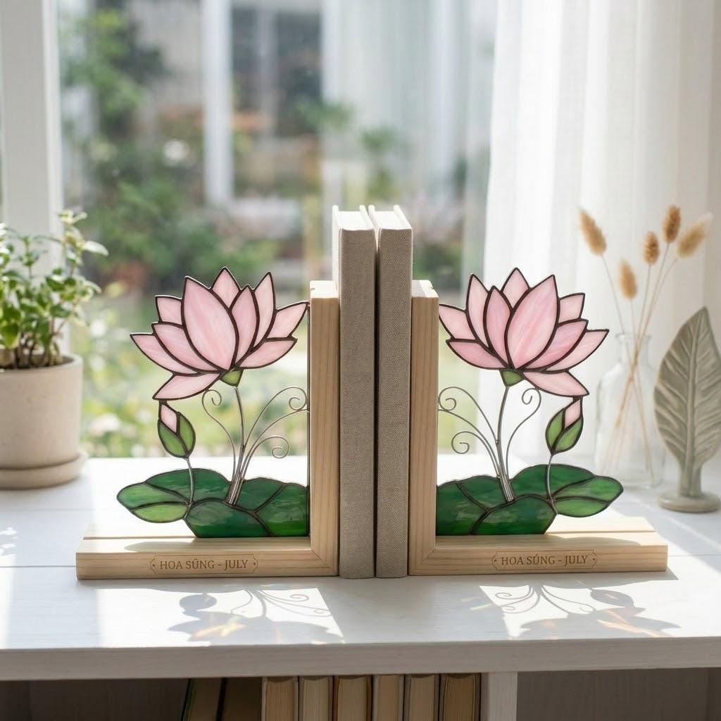 Lotus Stained Glass Bookends, Natural Wood Base July Birth Flower Gift Pink Water Lily Suncatcher, Zen Yoga Decor, Unique Birthday Gift