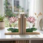 Lotus Stained Glass Bookends, Natural Wood Base July Birth Flower Gift Pink Water Lily Suncatcher, Zen Yoga Decor, Unique Birthday Gift