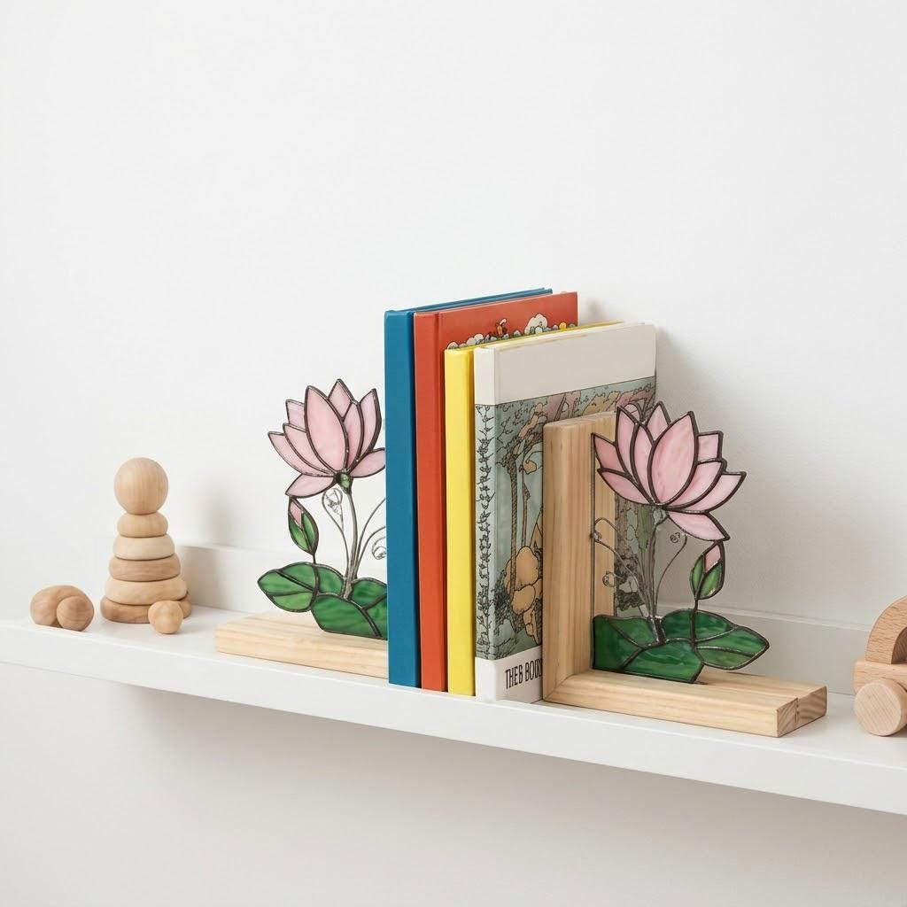 Lotus Stained Glass Bookends, Natural Wood Base July Birth Flower Gift Pink Water Lily Suncatcher, Zen Yoga Decor, Unique Birthday Gift