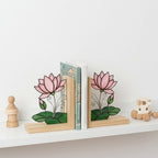 Lotus Stained Glass Bookends, Natural Wood Base July Birth Flower Gift Pink Water Lily Suncatcher, Zen Yoga Decor, Unique Birthday Gift